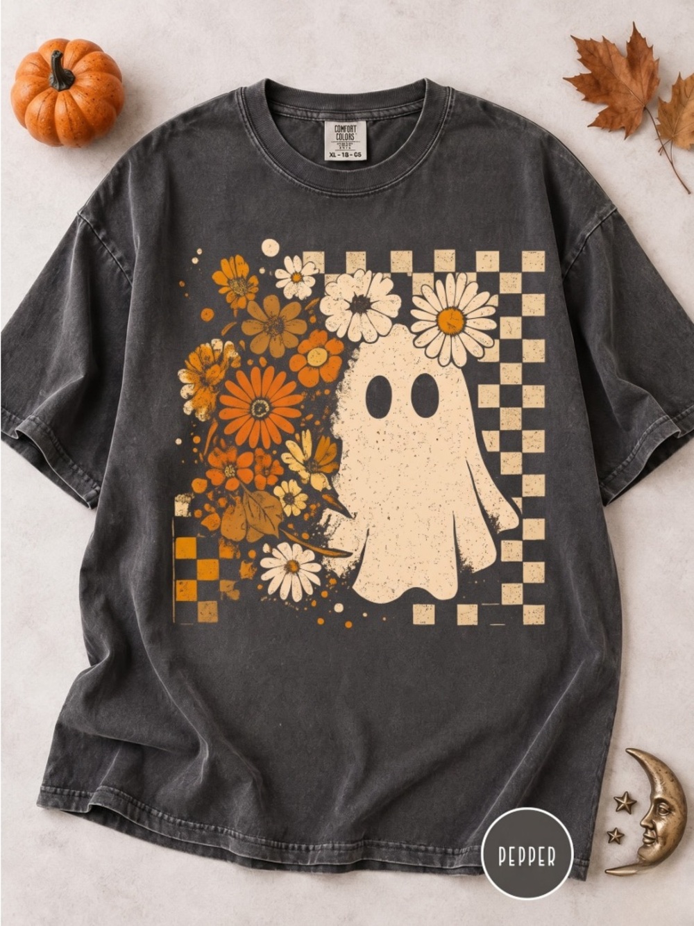 Floral Ghost Halloween Shirt Checkered Graphic Tee